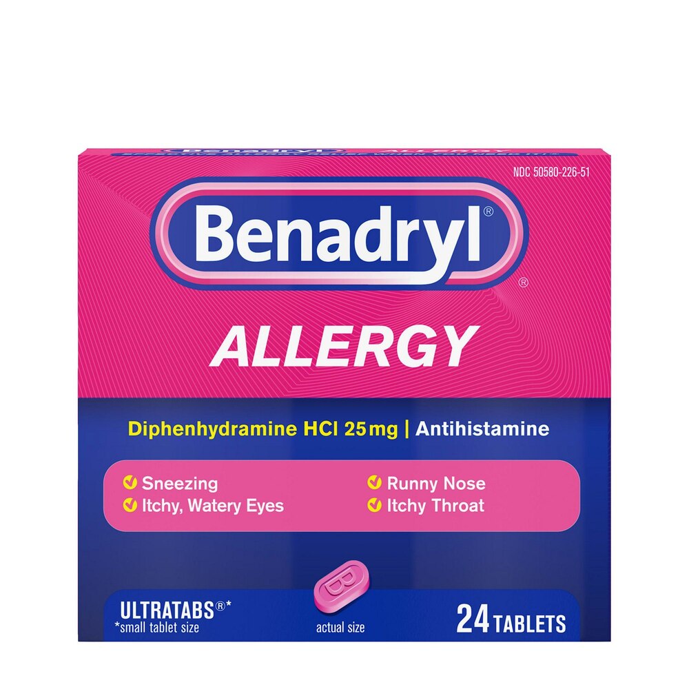 Benadryl allergy medication box with pink and blue design on a white background