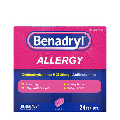 Benadryl allergy medication box with pink and blue design on a white background