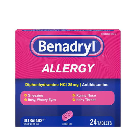 Benadryl allergy medication box with pink and blue design on a white background