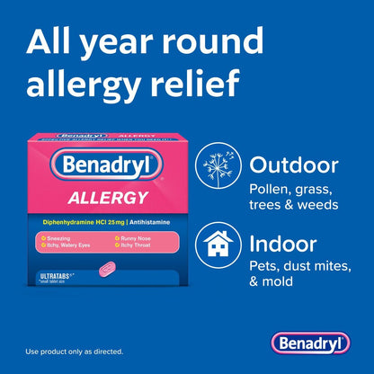 Benadryl allergy relief product packaging with text on a blue background