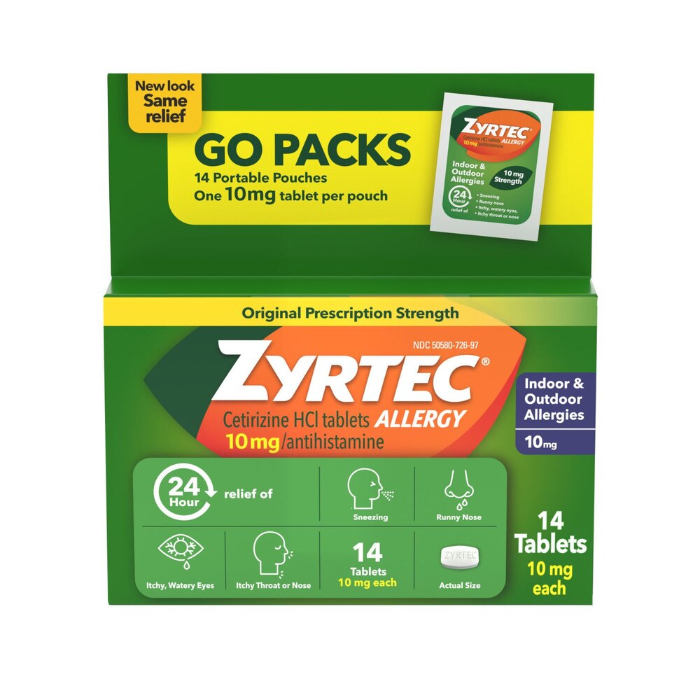 Zyrtec allergy medication packaging with green and yellow design