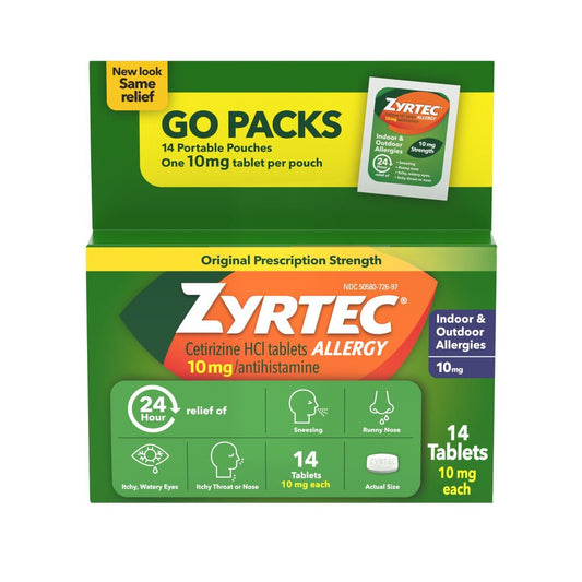Zyrtec allergy medication packaging with green and yellow design