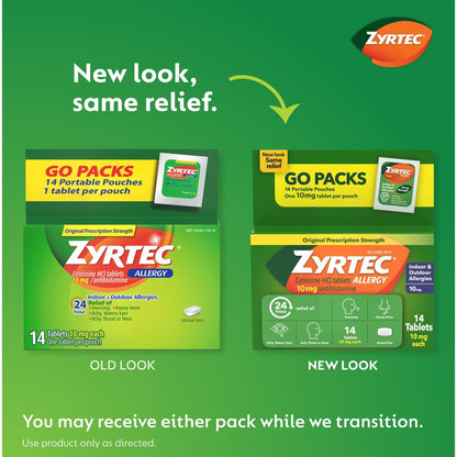 Zyrtec allergy medication packaging with old and new design on a green background