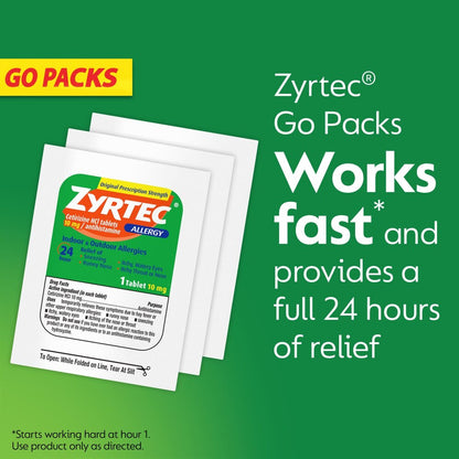 Zyrtec Go Packs packaging on a green background with promotional text.