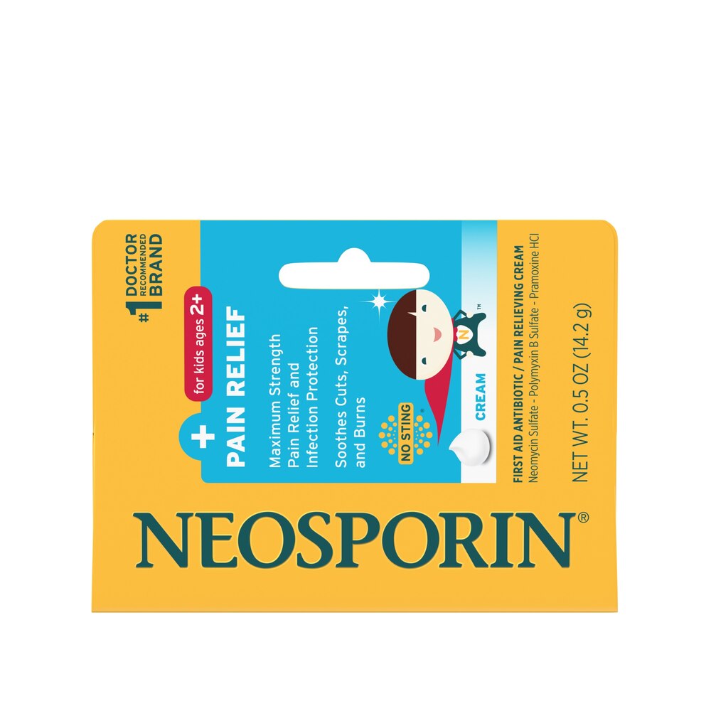 Neosporin pain relief cream packaging on a white background