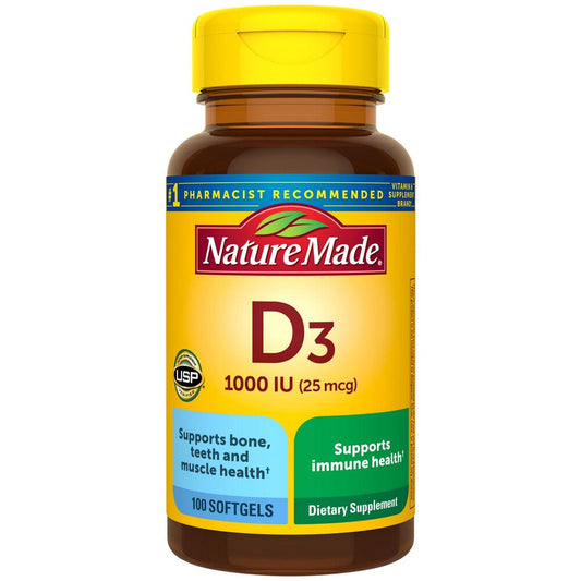 Nature Made D3 dietary supplement bottle on a white background