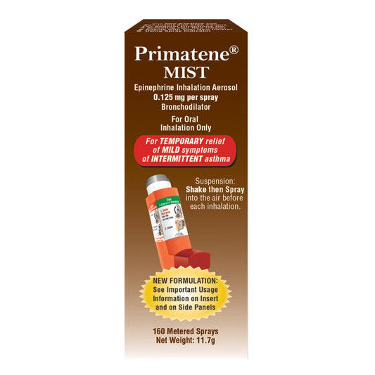 Box of Primatene Mist inhaler on a white background