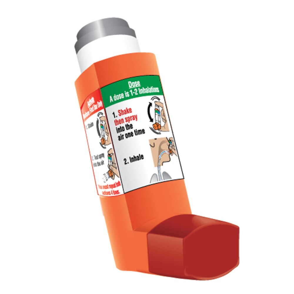 Orange and red asthma inhaler with instructional label on a white background
