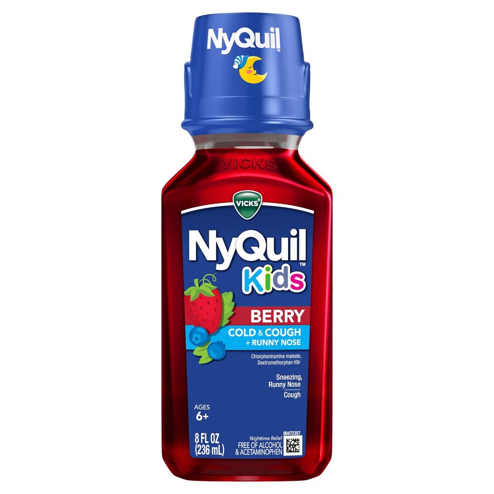 NyQuil Kids Berry cold and cough medicine bottle on a white background