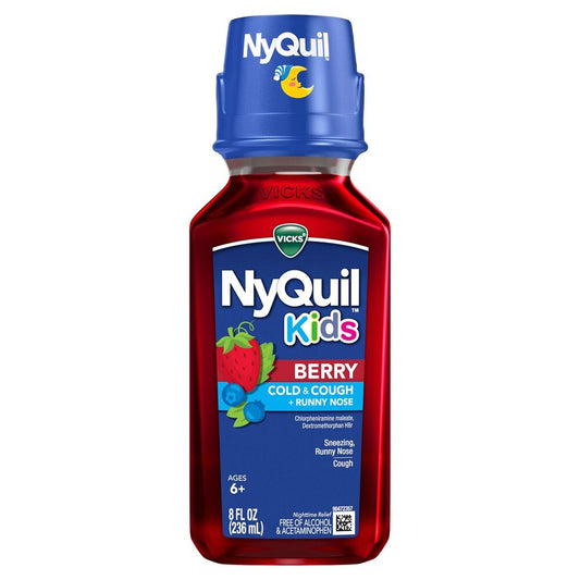 NyQuil Kids Berry cold and cough medicine bottle on a white background