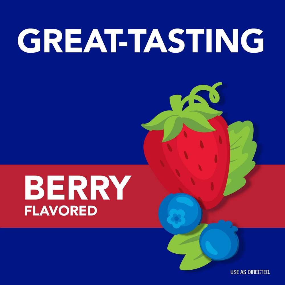 Berry flavored product label with strawberry and blueberries on a blue and red background.