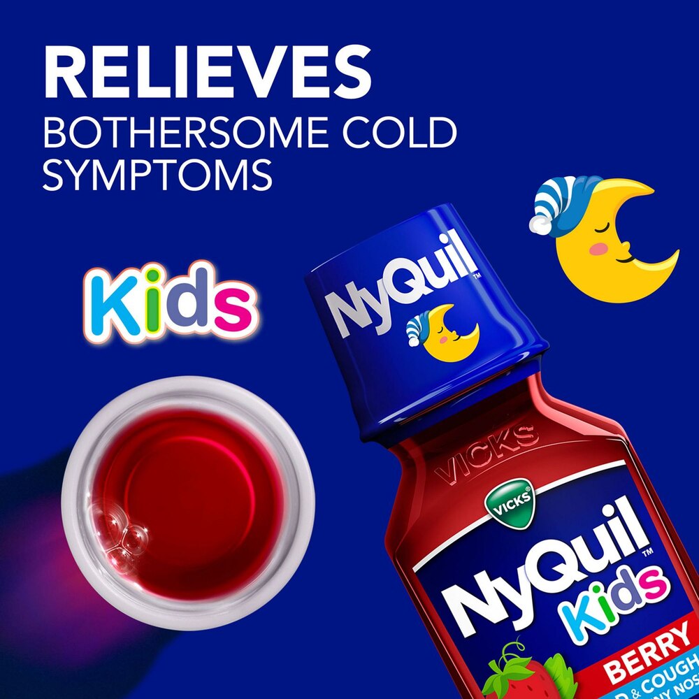 NyQuil Kids syrup bottle with a cup of red liquid on a blue background, featuring text about relieving cold symptoms.