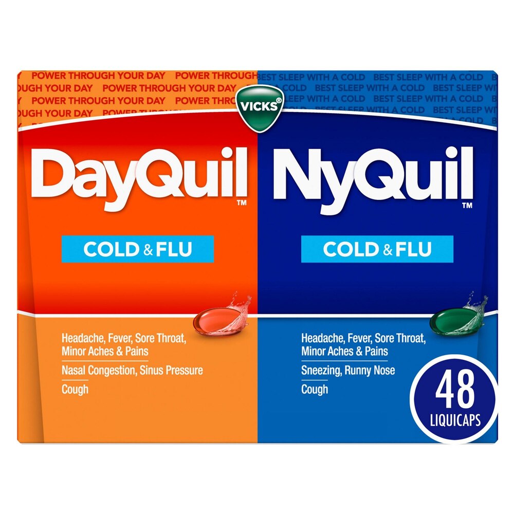 Two Vicks DayQuil and NyQuil cold and flu medicine boxes side by side.