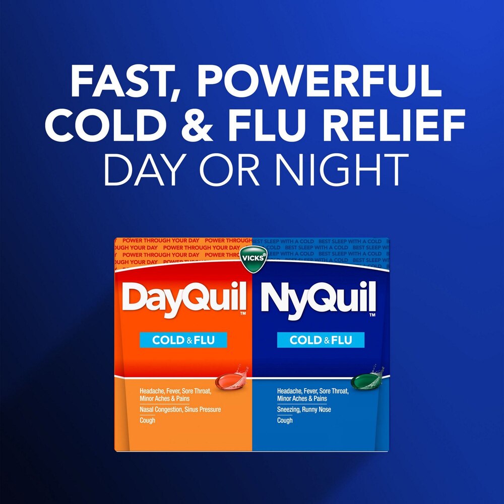 Vicks DayQuil and NyQuil cold and flu relief packages on a blue background with text.