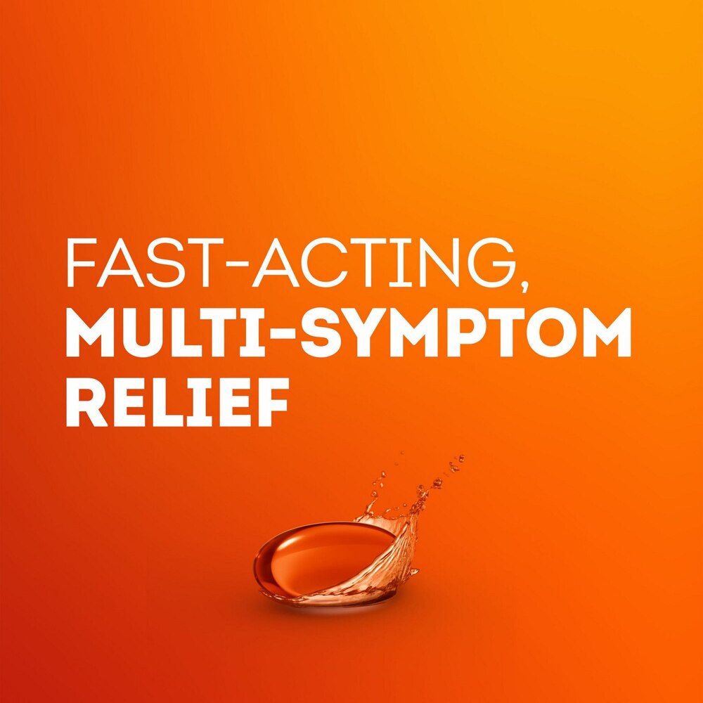 Orange background with 'Fast-acting, multi-symptom relief' text and a droplet effect.