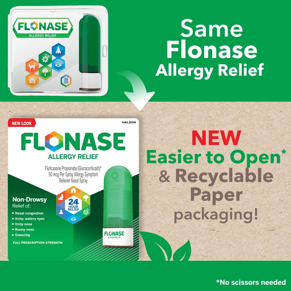 Flonase allergy relief packaging with new paper packaging design on a green background