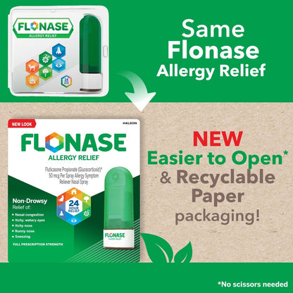 Flonase allergy relief packaging with new paper packaging design on a green background