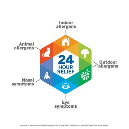 Hexagonal diagram with allergen categories and '24 Hour Relief' text on a white background