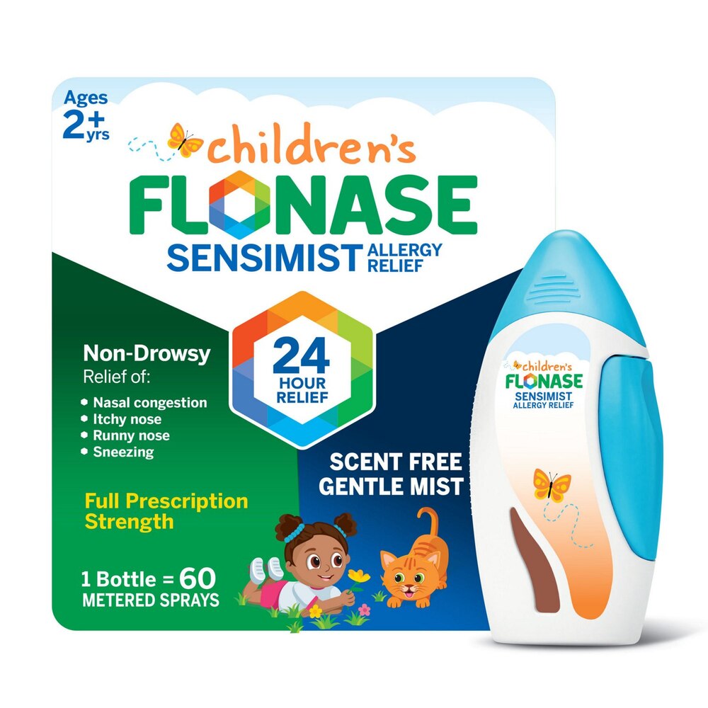 Children's Flonase Sensimist Allergy Relief packaging with a blue and white bottle on a white background