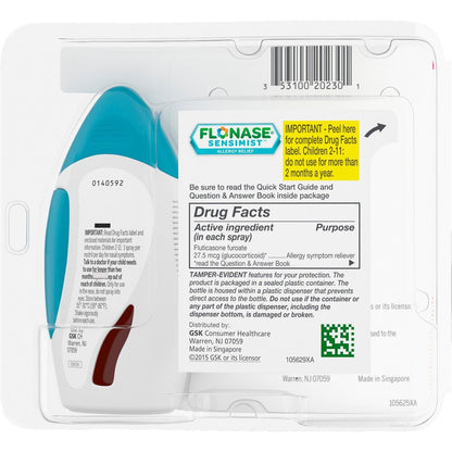 Flonase Sensimist nasal spray packaging with label and barcode