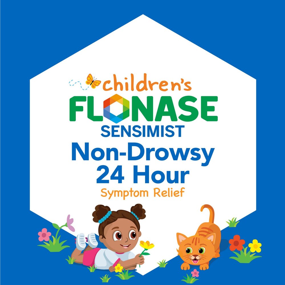 Children's Flonase Sensimist Non-Drowsy 24 Hour Symptom Relief advertisement with a child and cat illustration on a blue background.