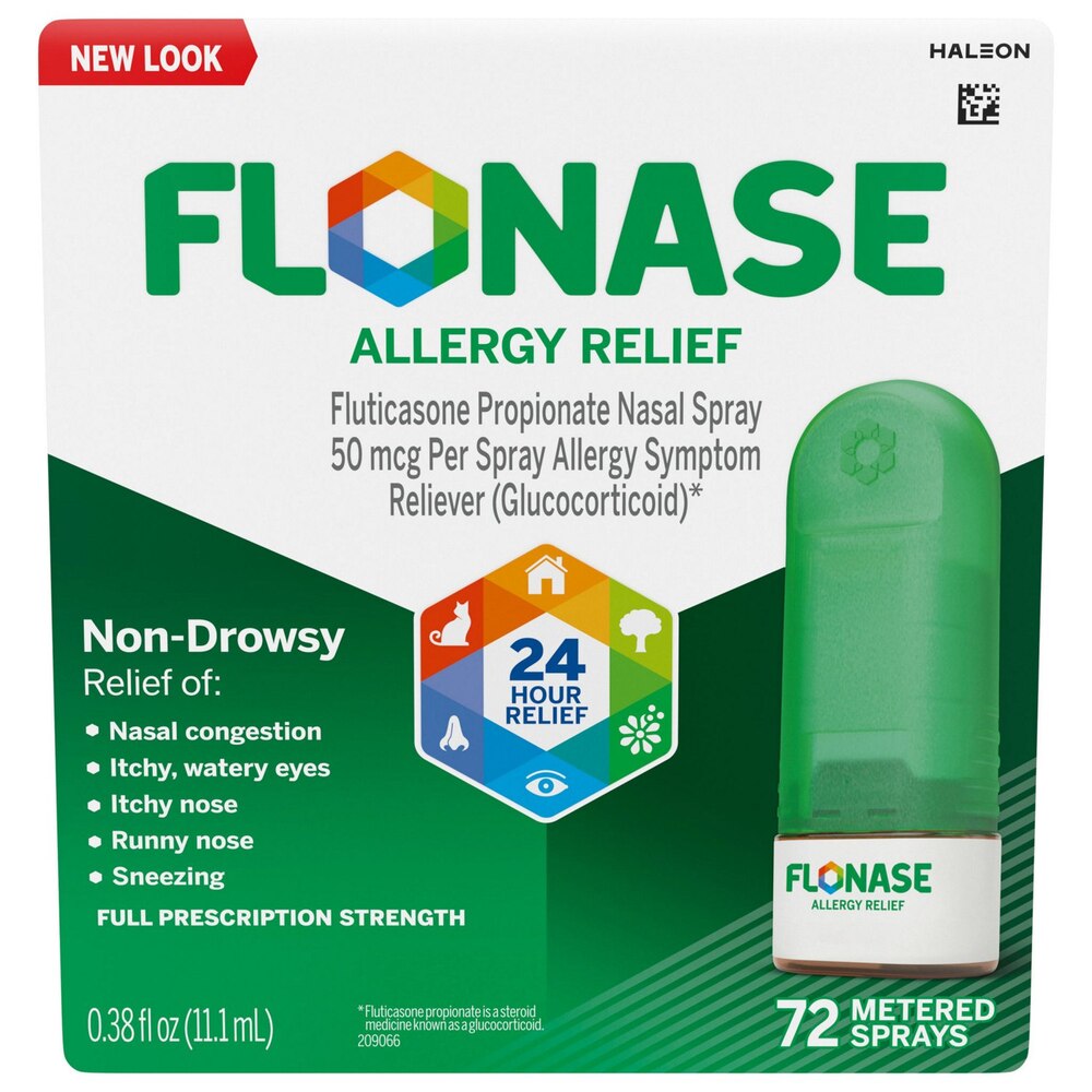 Flonase allergy relief spray packaging with green and white design