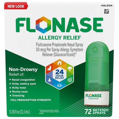 Flonase allergy relief spray packaging with green and white design