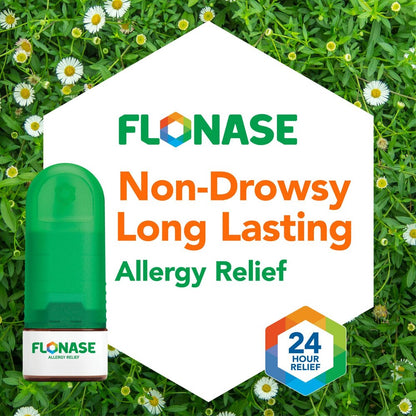 Flonase allergy relief product with green background and flowers