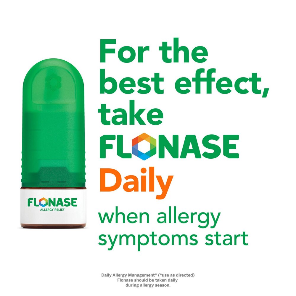 Flonase nasal spray with promotional text on a white background