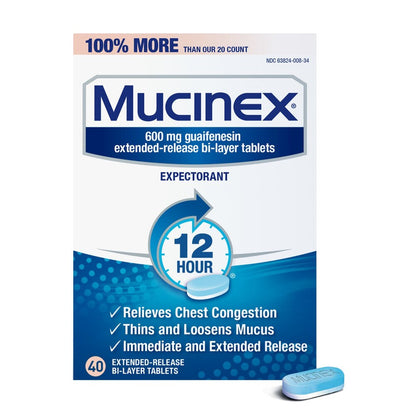 Mucinex packaging with blue and white design on a white background
