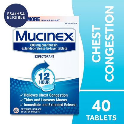 Mucinex chest congestion relief package with blue and white design