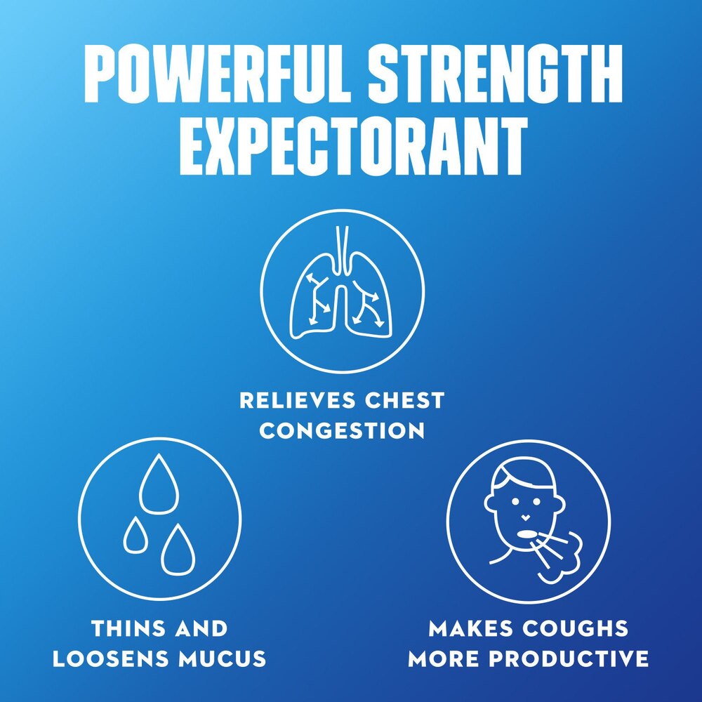 Promotional graphic for a powerful strength expectorant with icons and text on a blue background