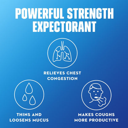 Promotional graphic for a powerful strength expectorant with icons and text on a blue background