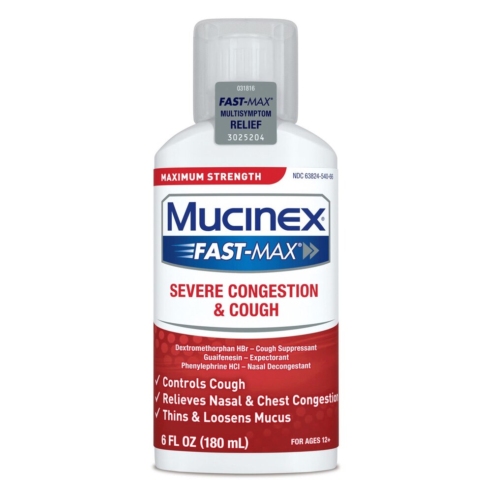 Mucinex Fast-Max Severe Congestion & Cough relief bottle on a white background