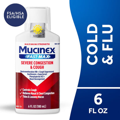 Mucinex Maxirough bottle for cold and flu with 6 fl oz capacity on a blue background