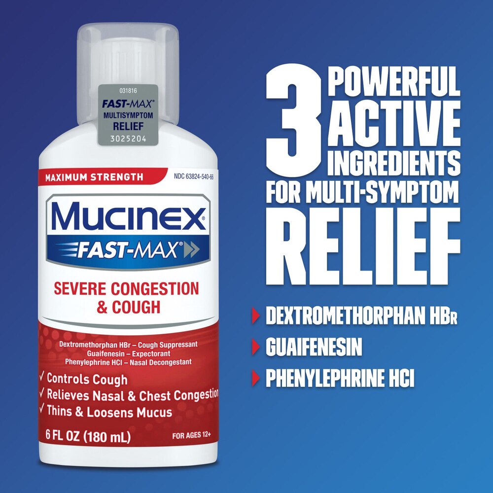 Mucinex Fast-Max bottle with text about active ingredients on a blue background