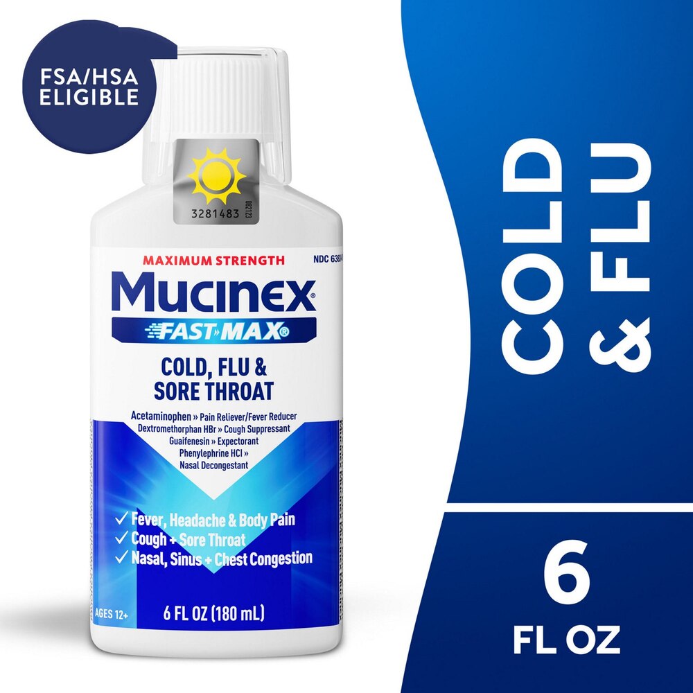 Mucinex Cold & Flu Syrup bottle with blue label and white background