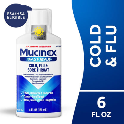 Mucinex Cold & Flu Syrup bottle with blue label and white background