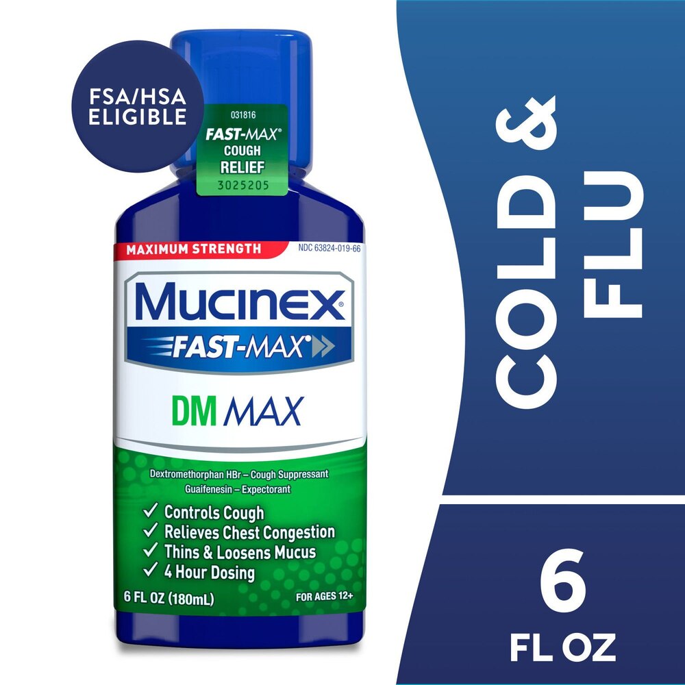 Mucinex Fast-Max DM Max cold and flu relief bottle with text indicating FSA/HSA eligibility.