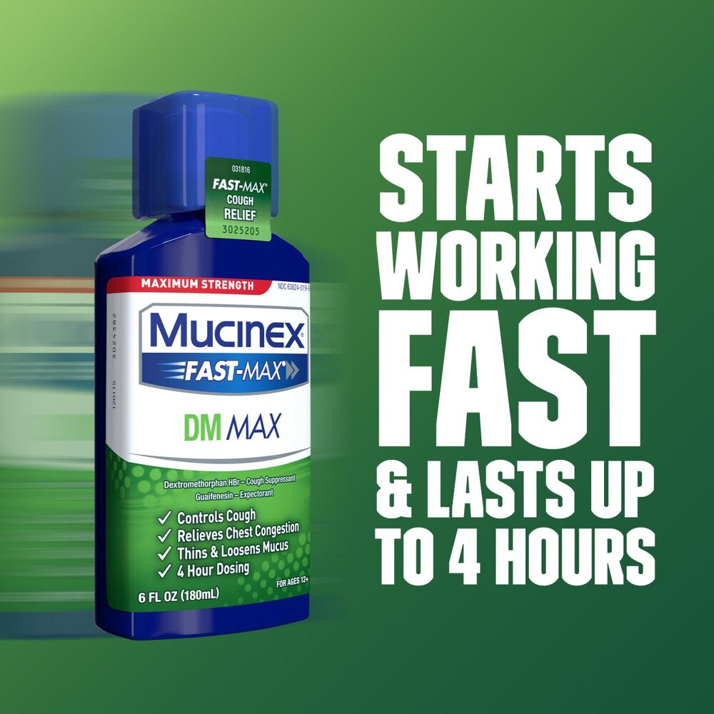 Mucinex Fast-Max DM Max bottle with promotional text on a green background