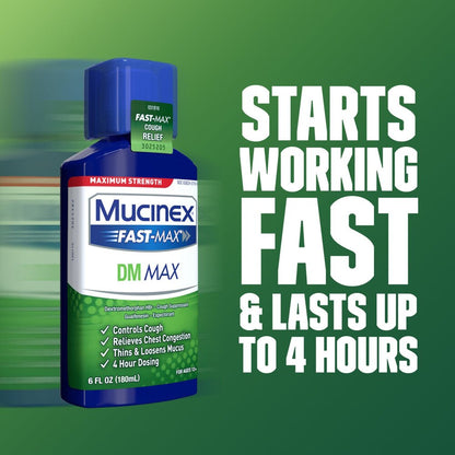 Mucinex Fast-Max DM Max bottle with promotional text on a green background