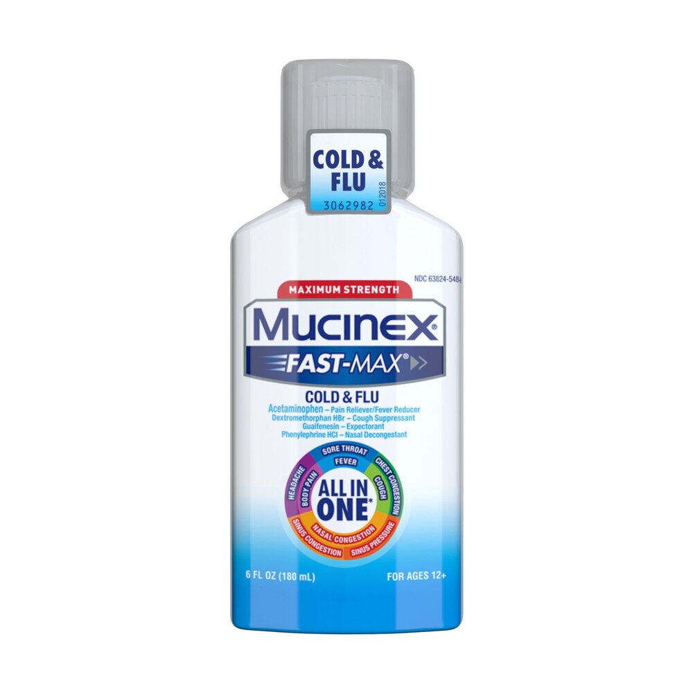Mucinex Fast-Max Cold & Flu medication bottle on a white background
