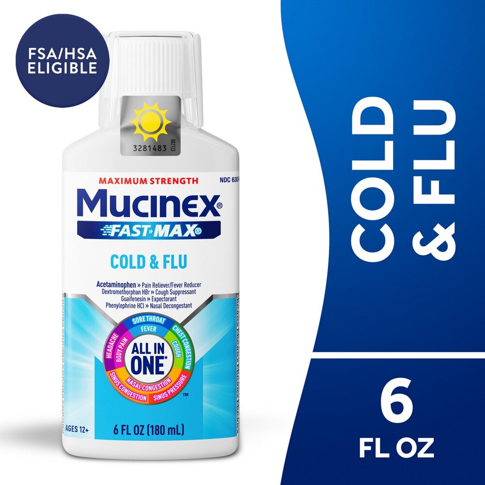 Mucinex Fast Max Cold & Flu medication bottle with blue label on a white background