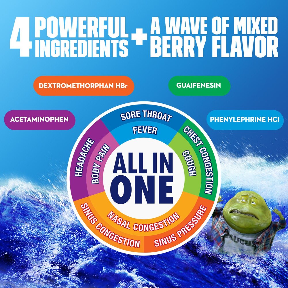 Product advertisement with ingredients and effects on a blue wave background