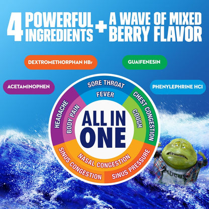 Product advertisement with ingredients and effects on a blue wave background