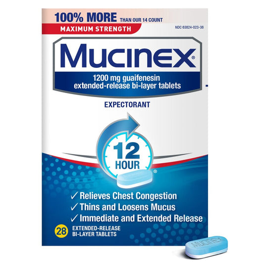 Mucinex packaging with blue and white design on a white background