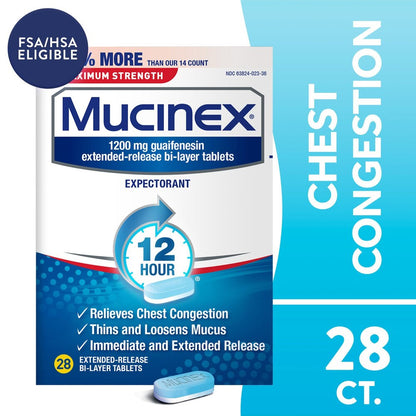 Mucinex chest congestion relief medication packaging with blue and white design.