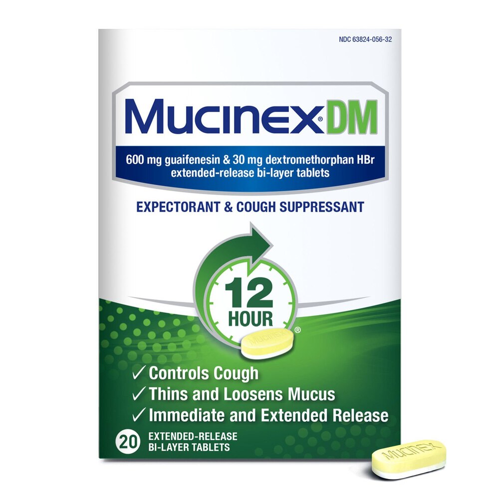 Mucinex DM packaging with a 12-hour label on a white background