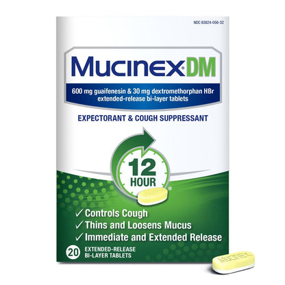 Mucinex DM packaging with a 12-hour label on a white background