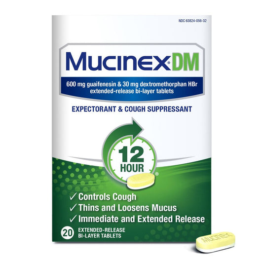 Mucinex DM packaging with a 12-hour label on a white background